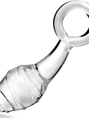 Glass Butt Plug with Pull Loop Anal Plug Prostate Massager with Spiral Texture, Long Neck and Tapered Head Fetish Anal Dilator Masturbation Sex Toy for Men Women, 5.90 x 1.77 inch  Transparent