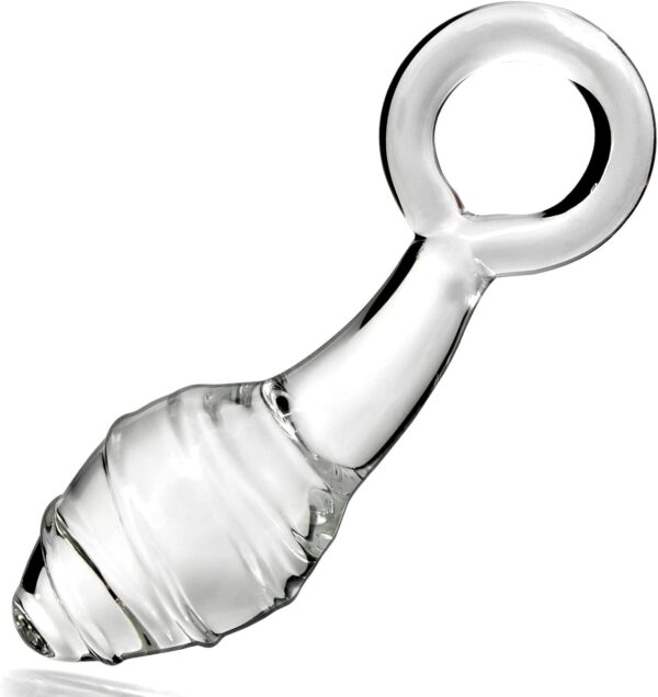Glass Butt Plug with Pull Loop Anal Plug Prostate Massager with Spiral Texture, Long Neck and Tapered Head Fetish Anal Dilator Masturbation Sex Toy for Men Women, 5.90 x 1.77 inch Transparent