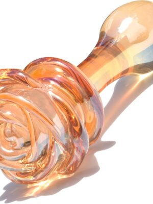 Glass Anal Plug Butt Plug Prostate Massager with Long Neck Rose Round Base and Gradual Head Fetish Bum Plug Anal Dilator Masturbation Sex Toy for Women Men, 5.35 x 1.37 inch Golden
