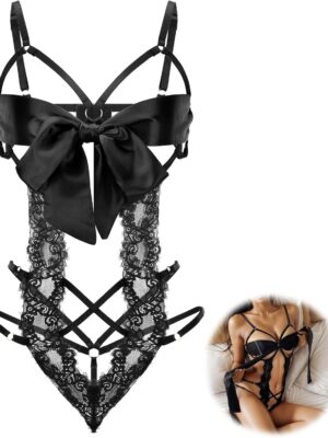 Women Sexy Lingerie Set  Bow Tie Lingerie Lace Smooth Ribbon Lingerie for Ladies Valentines Outfit