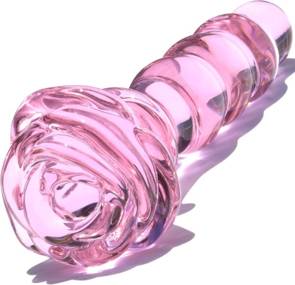 Glass Anal Beads Butt Plug Prostate Massager with Long Neck, Rose Round Base and 4 Gradual Beads Fetish Bum Plug Anal Dilator Masturbation Sex Toy for Women Men, 5.59 x 1.14 inch Pink