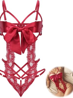 Women Sexy Lingerie Set  Bow Tie Lingerie Lace Smooth Ribbon Lingerie for Ladies Valentines Outfit