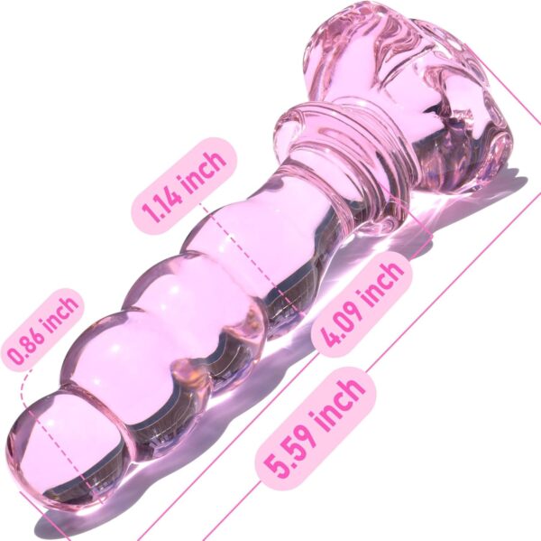 Glass Anal Beads Butt Plug Prostate Massager with Long Neck, Rose Round Base and 4 Gradual Beads Fetish Bum Plug Anal Dilator Masturbation Sex Toy for Women Men, 5.59 x 1.14 inch Pink